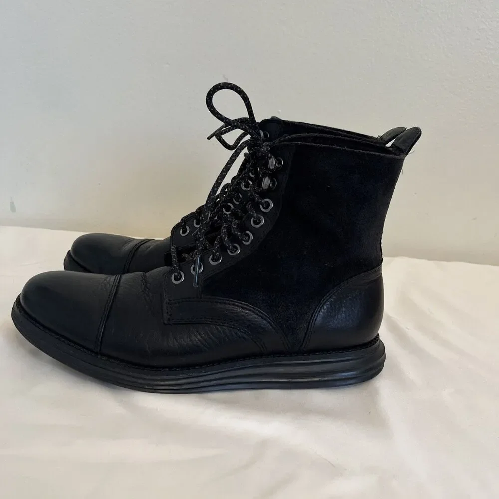 COLE HAAN Mens Leather Lunargrand Lace Waterproof Ankle Boots, Black- Size 7.5